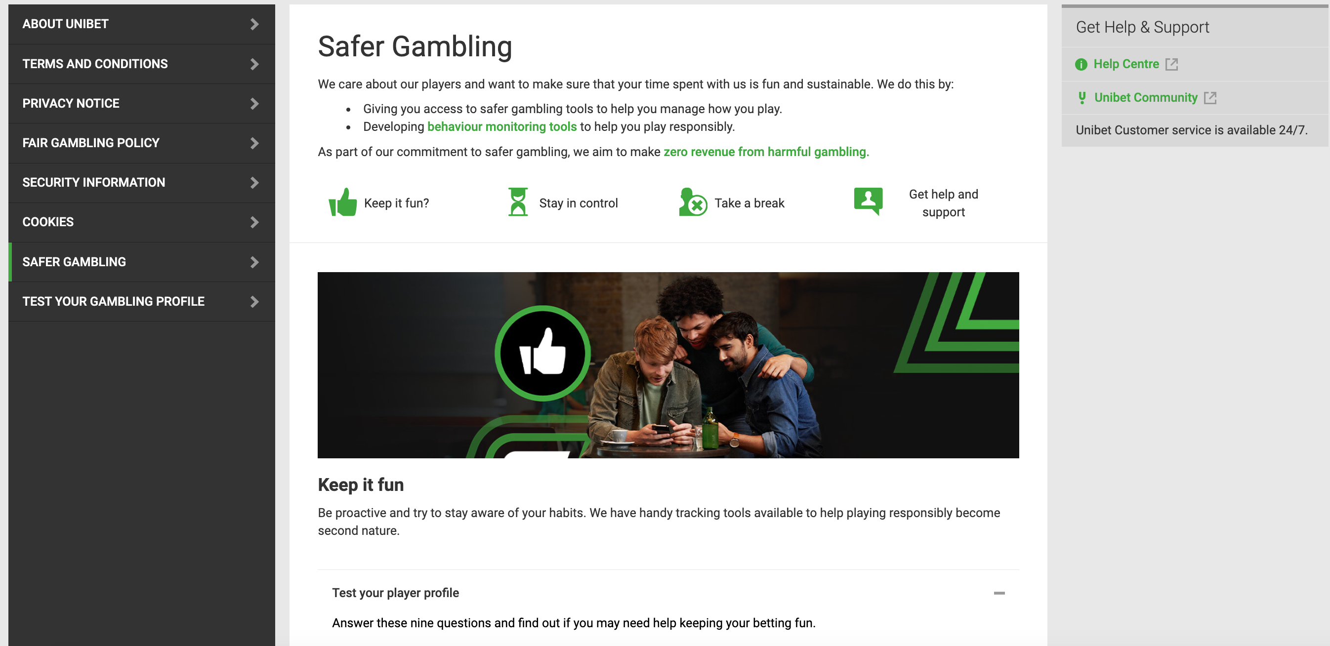 Unibet's safer gambling section, which includes information, tools, and links to third party services offering help with gambling addiction